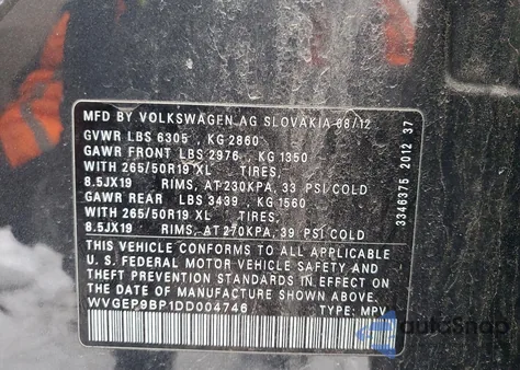 2013 Volkswagen Touareg V6 Tdi из США, поврежденный, VIN WVGEP9BP1DD004746